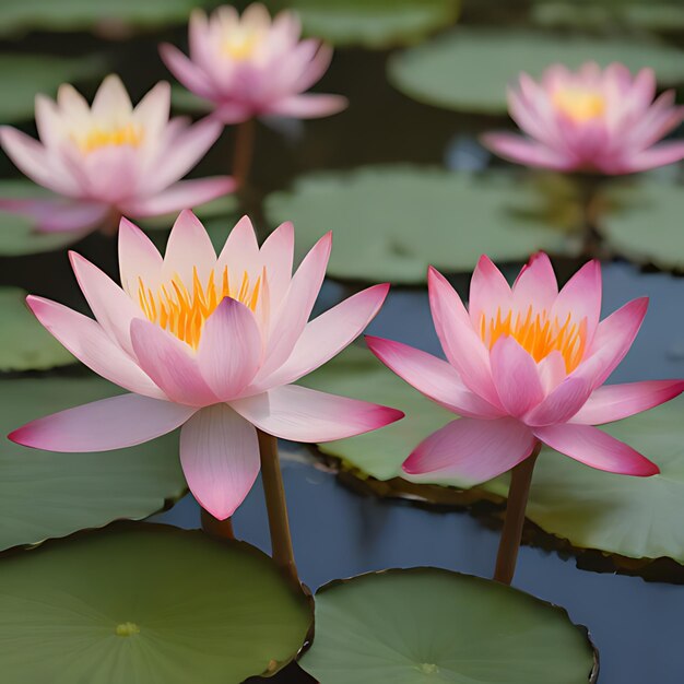 gigli d'acqua rosa con centri gialli in uno stagno