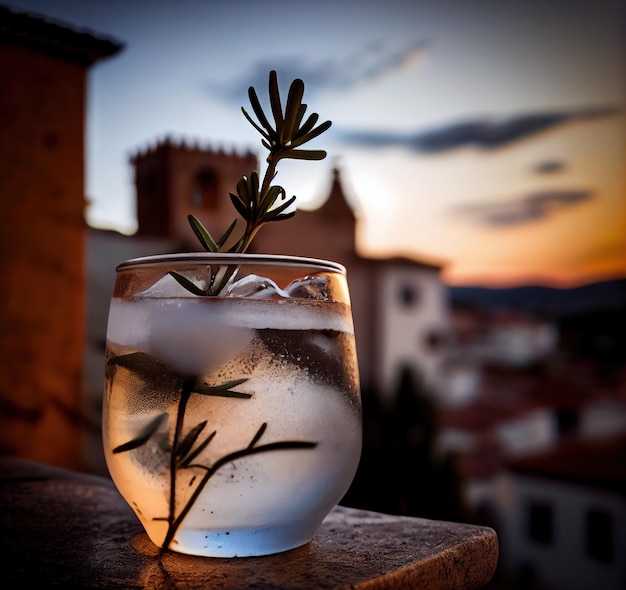 Gin And Tonic Rosemary In Crystal Glass con lo sfondo del tramonto