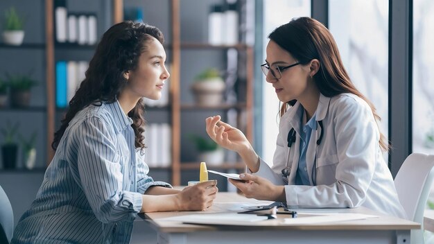 Ginecologo che parla con una giovane paziente durante una consultazione medica in una clinica moderna