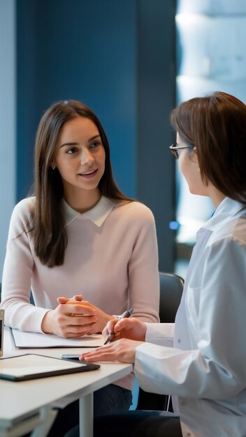 Ginecologo che parla con una giovane paziente durante una consultazione medica in una clinica moderna