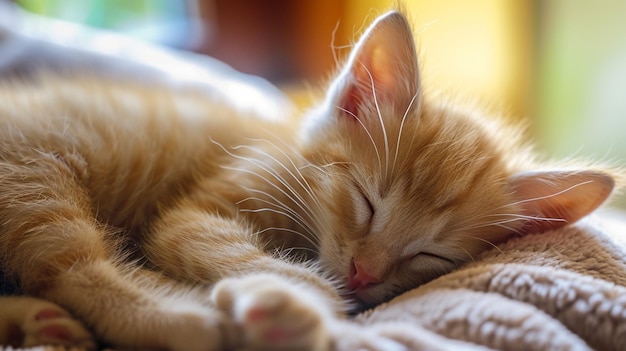 Ginger gattino dormire Cute piccolo gattino rosso dorme su pelliccia coperta bianca AI generativo