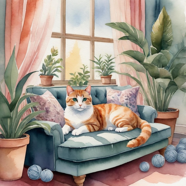 Ginger gatto giace su un divano nella stanza illustrazione acquerello