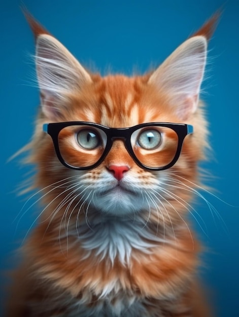 Ginger Maine coon cat indossando occhiali su sfondo blu