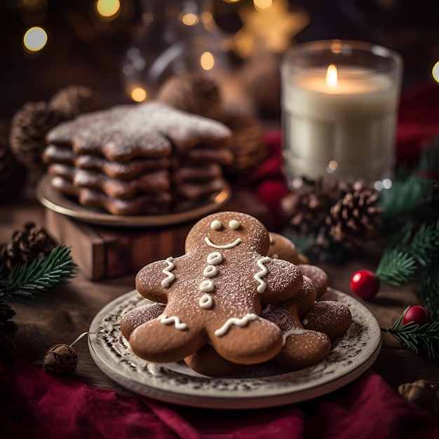 Gingerbread man biscotti fatti in casa sulla tavola di natale vicino ai generato