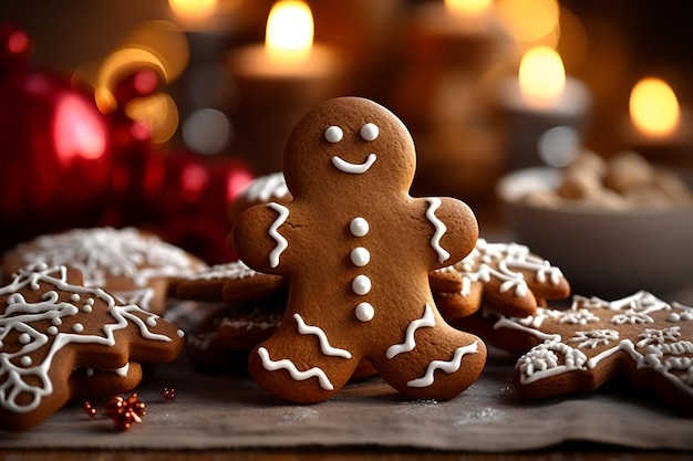 Gingerbread man biscotti fatti in casa sulla tavola di natale vicino ai generato