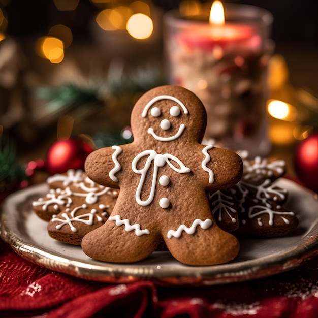 Gingerbread man biscotti fatti in casa sulla tavola di natale vicino ai generato