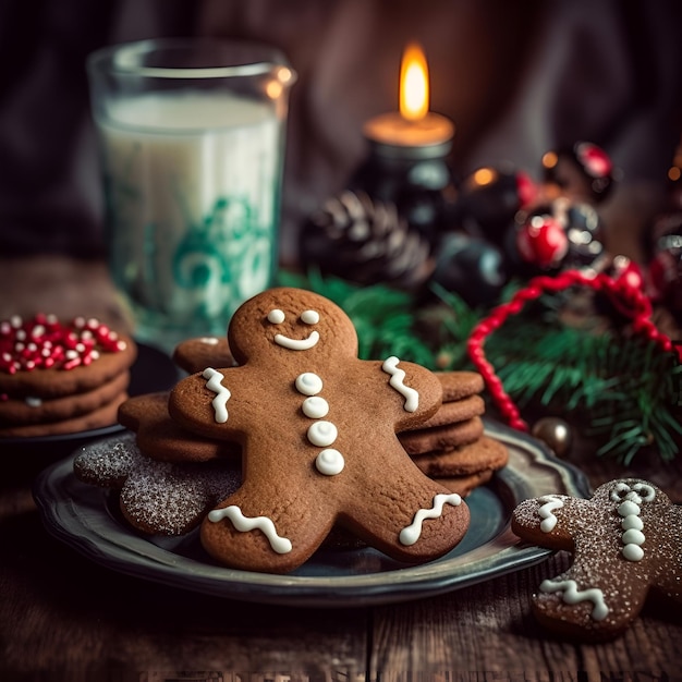 Gingerbread man biscotti fatti in casa sulla tavola di natale vicino ai generato