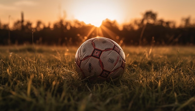 Giocare a calcio su un campo verde al tramonto con compagni di squadra generati dall'IA