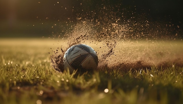 Giocare a calcio su un campo verde sotto il tramonto estivo generato dall'IA