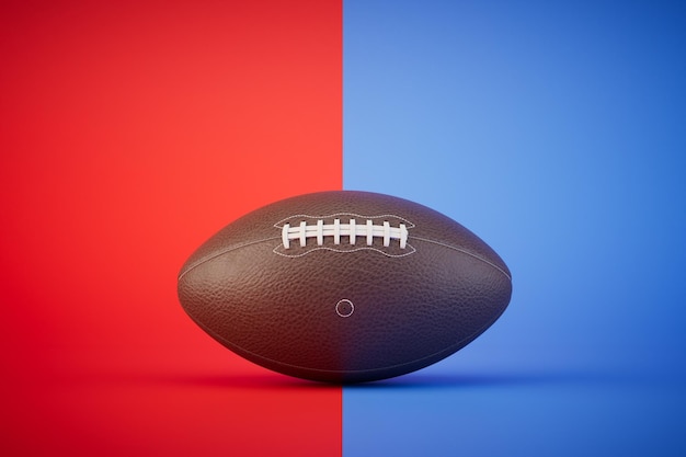 Giocare a football americano una palla da rugby su uno sfondo rosso e blu rendering 3D