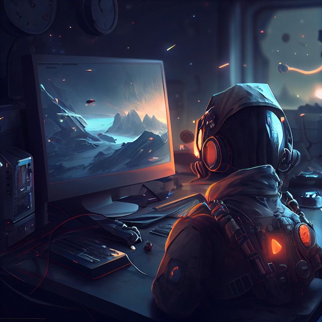 Giocatore del soldato che gioca sull'illustrazione di gioco del computer del PC desktop