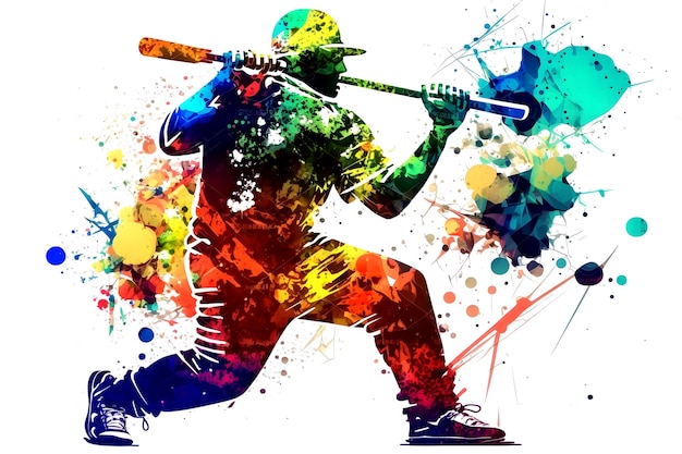 Giocatore di baseball con spruzzi di acquerello multicolore isolati su sfondo bianco Arte generata dalla rete neurale