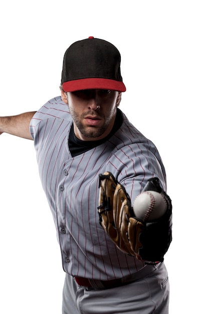 Giocatore di baseball in uniforme rossa ,.