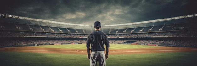 Giocatore di baseball nello stadio dell'arena di baseball con lo spazio della copia IA generativa