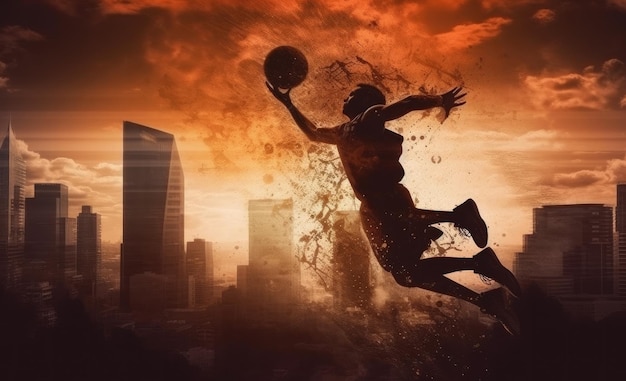 Giocatore di basket che rimbalza con uno stile affascinante nell'ambiente cittadino IA generativa