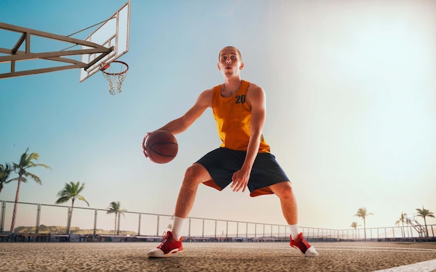 Giocatore di basket in azione al tramonto