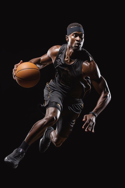 giocatore di basket professionista uomo nero in esecuzione con una palla in mano su uno sfondo isolato