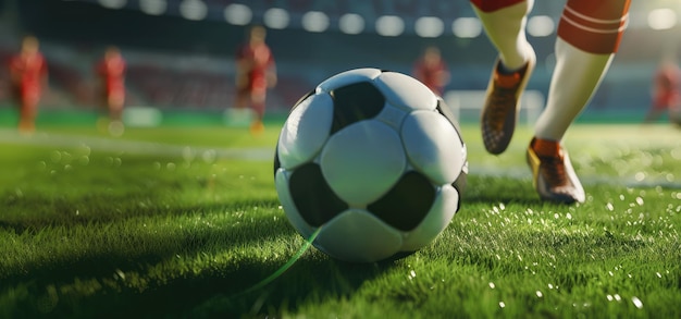 Giocatore di calcio AI generativo in stivali che calcia una palla da calcio nel momento del gol sullo stadio