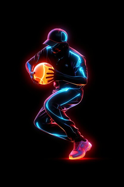 Giocatore di calcio al neon in azione sullo sfondo nero