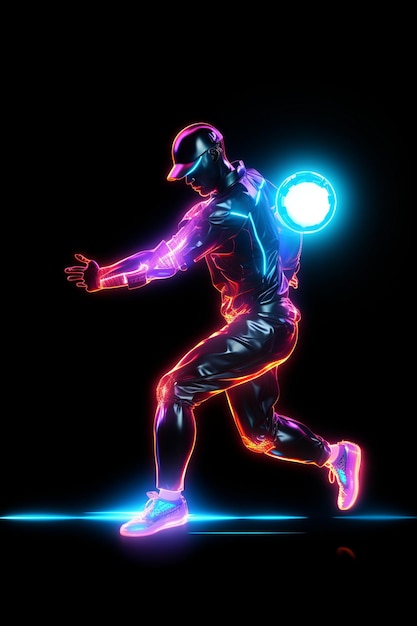 Giocatore di calcio al neon in azione sullo sfondo nero