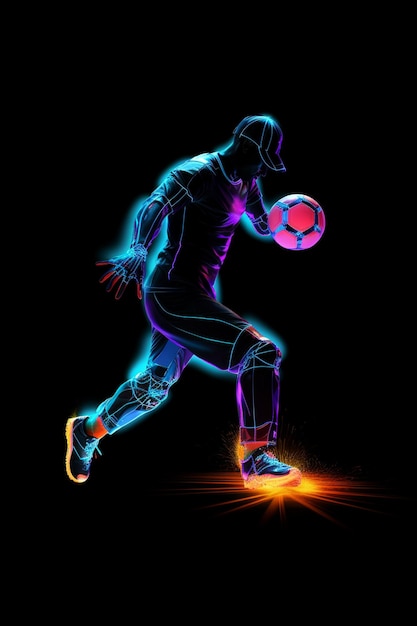 Giocatore di calcio al neon in azione sullo sfondo nero