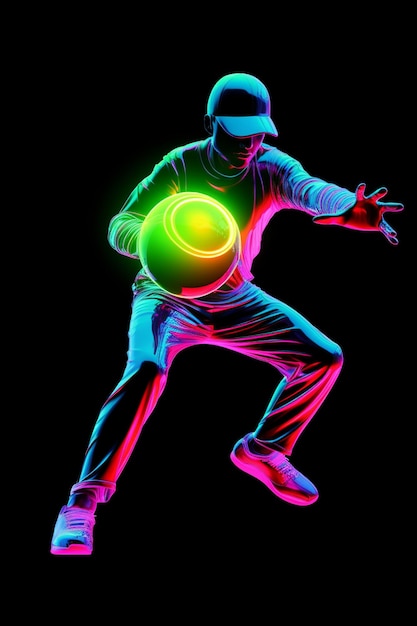 Giocatore di calcio al neon in azione sullo sfondo nero