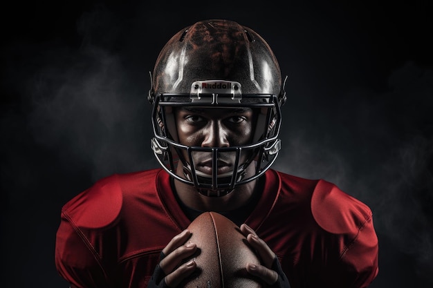 giocatore di calcio americano con casco e palla nel fumo isolato su nero un giocatore di football americano con un casco che tiene una palla da rugby AI generato
