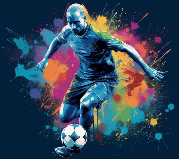 Giocatore di calcio Arafed con una palla da calcio davanti a uno sfondo colorato generativo ai