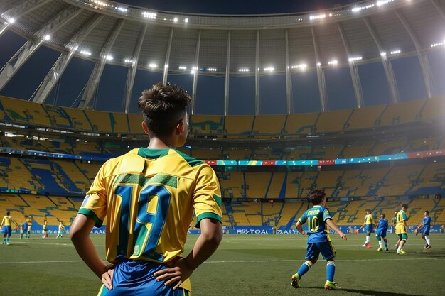 Giocatore di calcio brasiliano che celebra il gol in uno stadio affollato vincendo il torneo