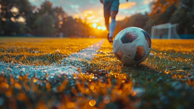 Giocatore di calcio che si allena da solo sul campo dello stadio al tramonto