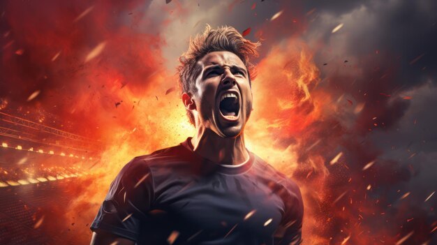 Giocatore di calcio che urla allo stadio con il fuoco dietro di lui