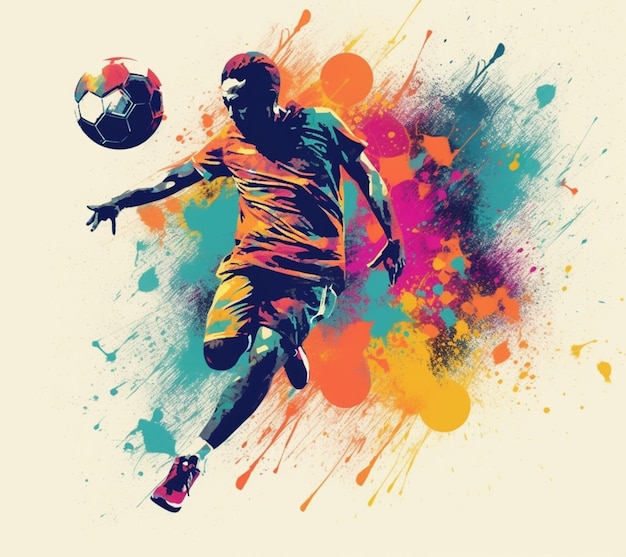 Giocatore di calcio con la palla in movimento con schizzi colorati generativo ai