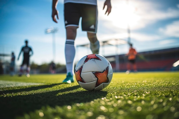 Giocatore di calcio con la palla sull'erba del campo