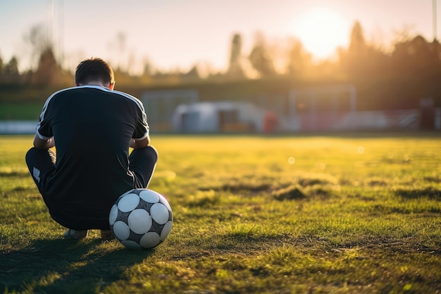 Giocatore di calcio con la testa in giù si siede sul campo di calcio con l'erba verde vicino alla palla da calcio vista posteriore Un giocatore frustrato AI generativa