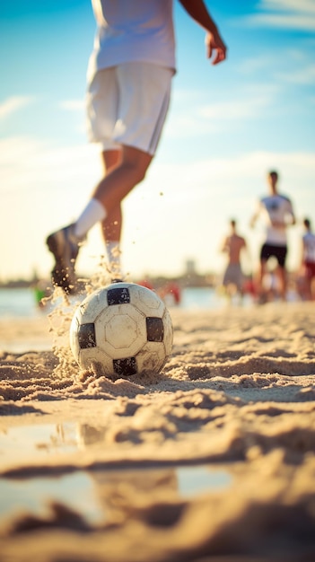 Giocatore di calcio con palla sulla spiaggia