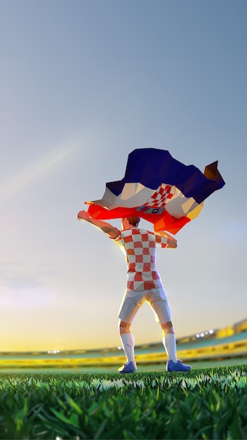 Giocatore di calcio dopo il campionato di gioco vincitore tenere la bandiera della Croazia. stile poligono