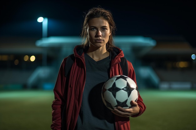 giocatore di calcio femminile sul campo da calcio sullo sfondo in stile bokeh.