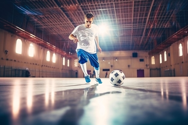 Giocatore di calcio futsal palla futsal floor Sfondo sportivo Palazzetto dello sport di calcio indoor Lega giovanile di futsal Giocatori di calcio indoor e pallone da calcio AI generativa