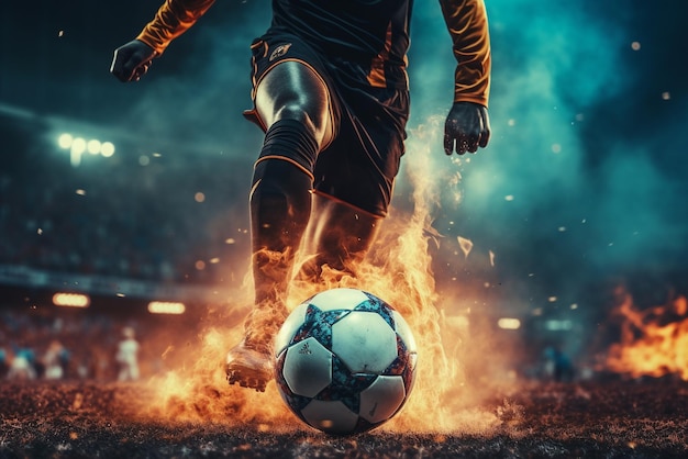 Giocatore di calcio in azione sul campo dello stadio con la palla in fiamme