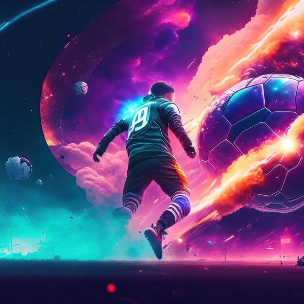 Giocatore di calcio in una scena cyberpunk con uno sfondo galattico AI generativa