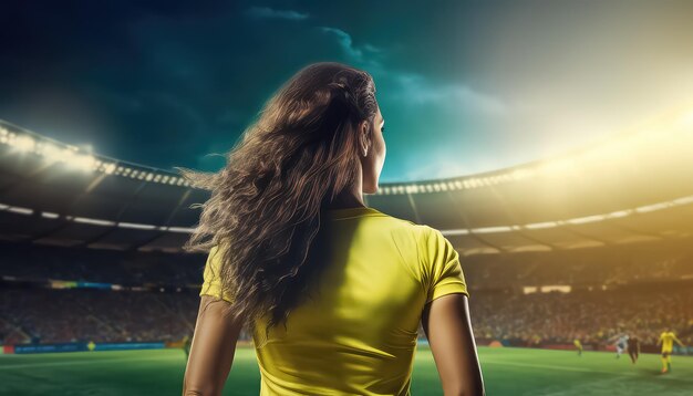 giocatore di calcio ragazza in stadio con camicia gialla