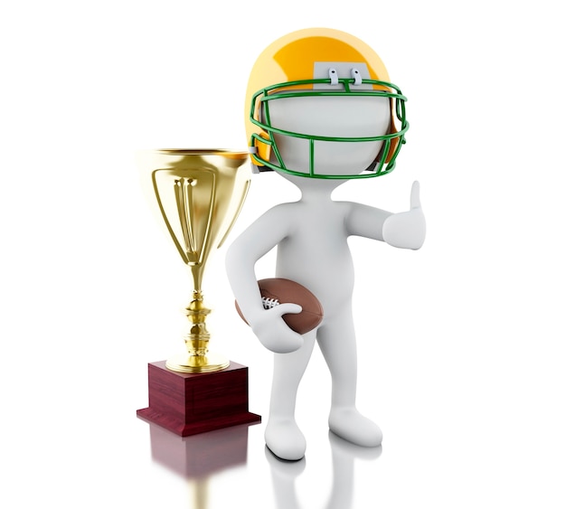 Giocatore di football americano 3d con palla e trofeo.