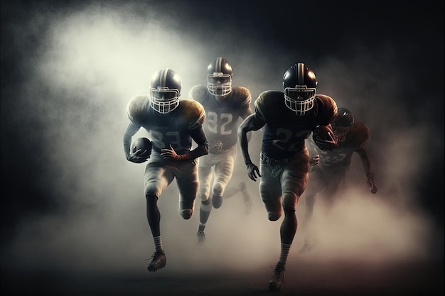 Giocatore di football americano in scena dinamica d'azione con nebbia e nebbia Generative Ai