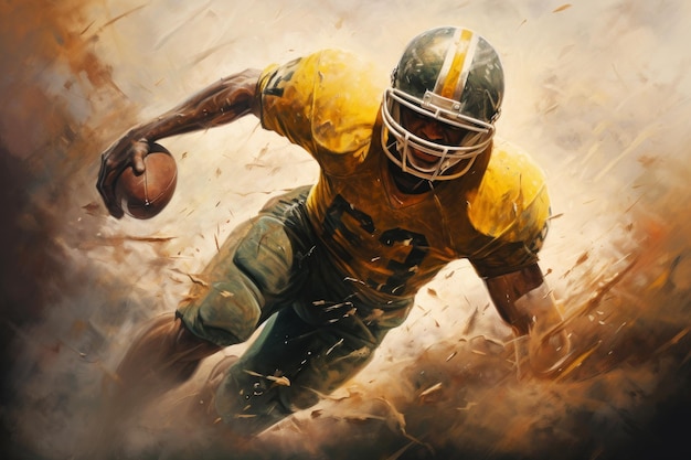 Giocatore di football americano Sportivo con palla nel casco in azione Sport e stile di vita attivo