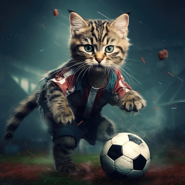 Giocatore di football simpatico gatto che insegue la palla