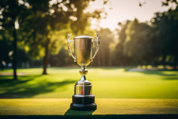 Giocatore di golf che alza il trofeo dopo una vittoria del torneo su sfondo verde con spazio vuoto per il testo