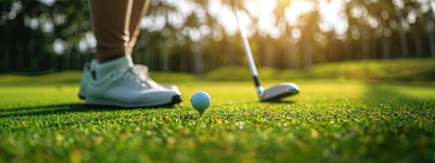 Giocatore di golf che usa un bastone e un guanto per mettere la palla sul tee in un'area erbosa