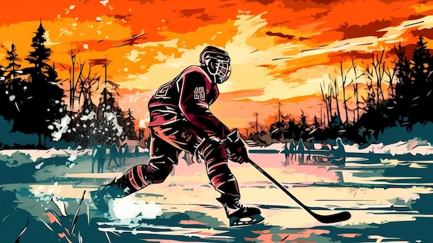 Giocatore di hockey che segna un gol Concetto di fantasia Pittura di illustrazione