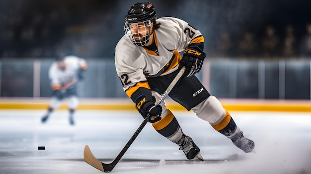 Giocatore di hockey su ghiaccio in azione durante una partita competitiva