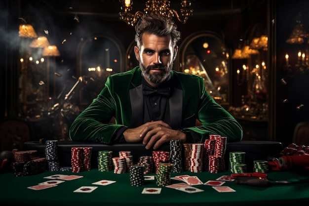 Giocatore di poker con carte e fiches al tavolo del casinò